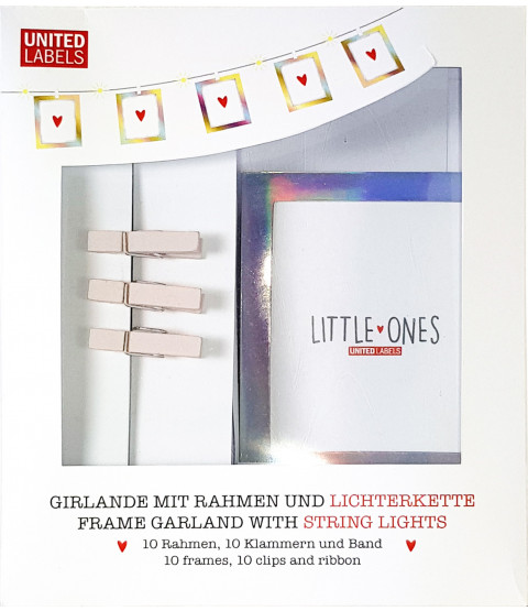 LITTLE ONES/MR & MRS - Foto Girlande mit LEDs, Klammern und silberfarbenen Rahmen